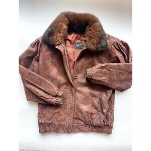 Women's 80s Vintage Pelle NY Brown Leather Animal Print Bomber Jacket Size M